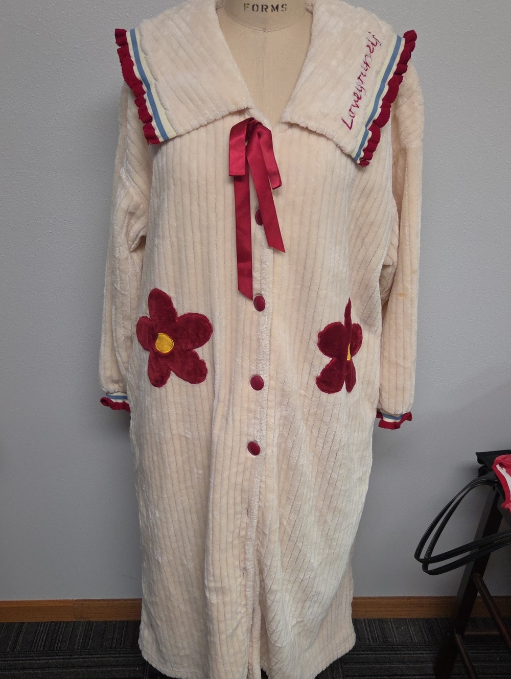 Cozy Cream Plush Robe with Red Floral Appliqués